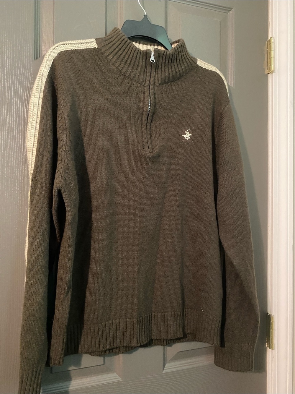 Beverly Hills Polo Club Brown Zip-Neck Sweater with Cream Shoulder Stripes
